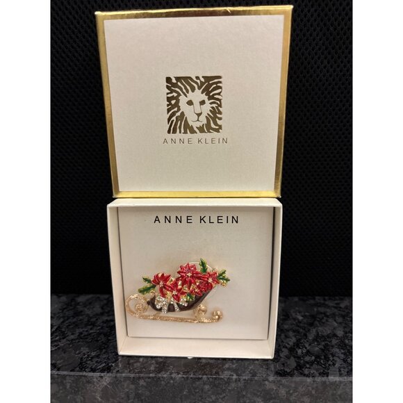 Anne Klein Sleigh Brooch With Red Flowers & Gold Plating NIB - Picture 1 of 8